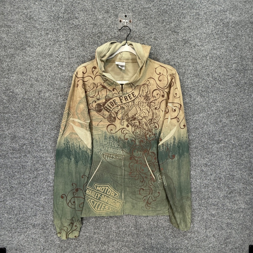 Harley Davidson Hoodie Womens XL Green Waffle Knit All Over Print Y2K Full Zip